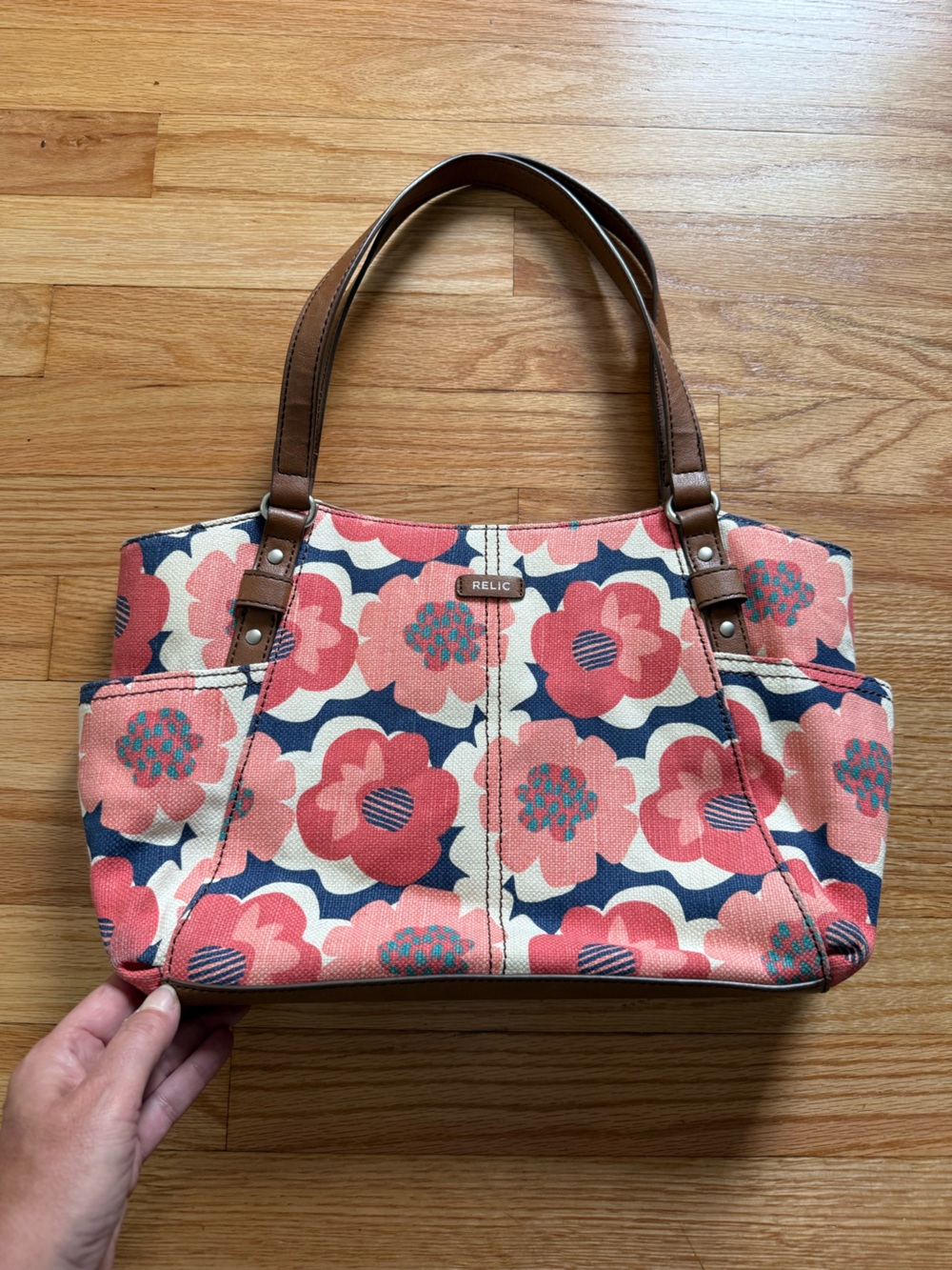 Relic Pink Floral Canvas Shoulder Bag with Brown Straps